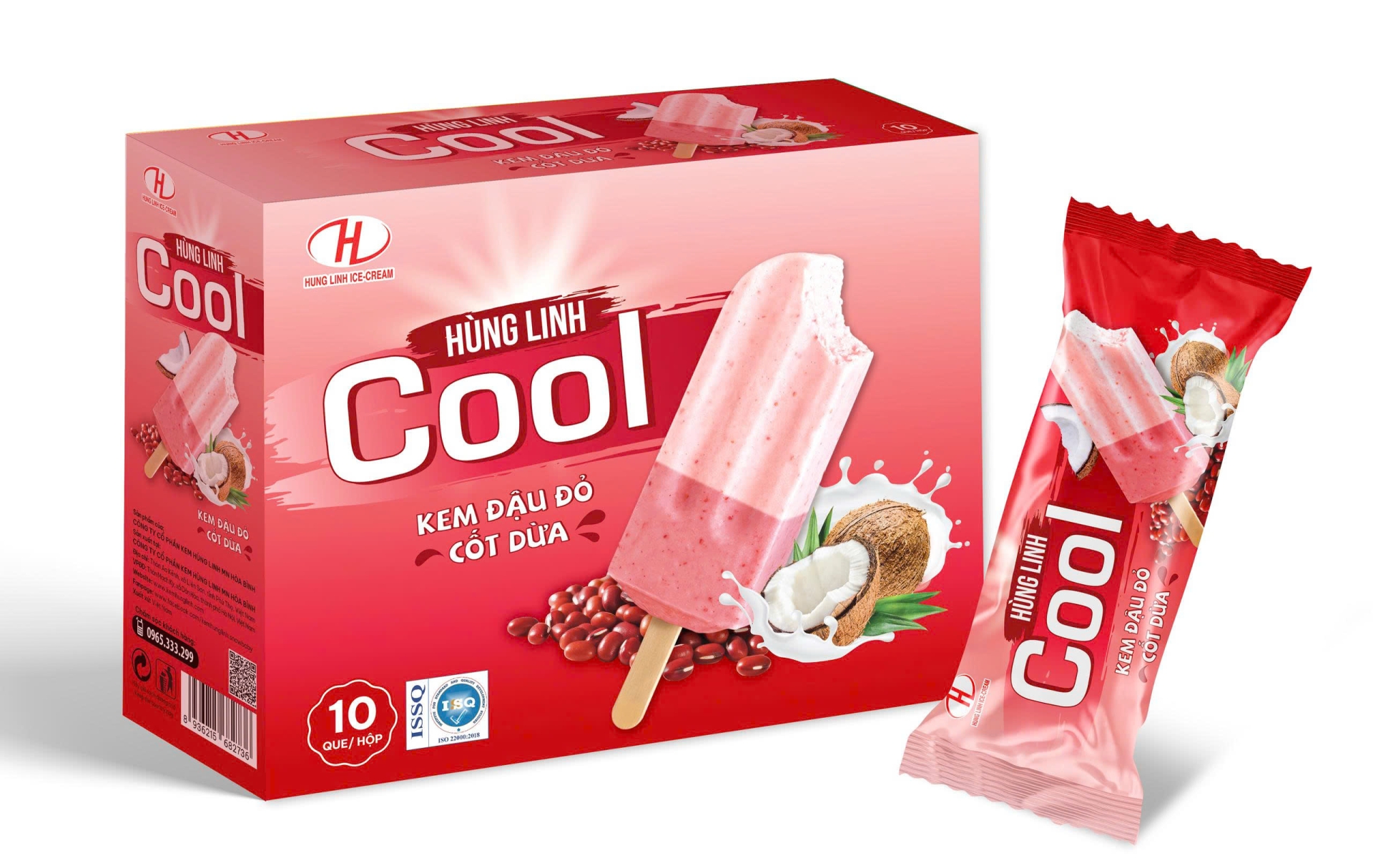 Kem đậu đỏ cốt dừa Hùng Linh Cool - 10 chiếc/hộp