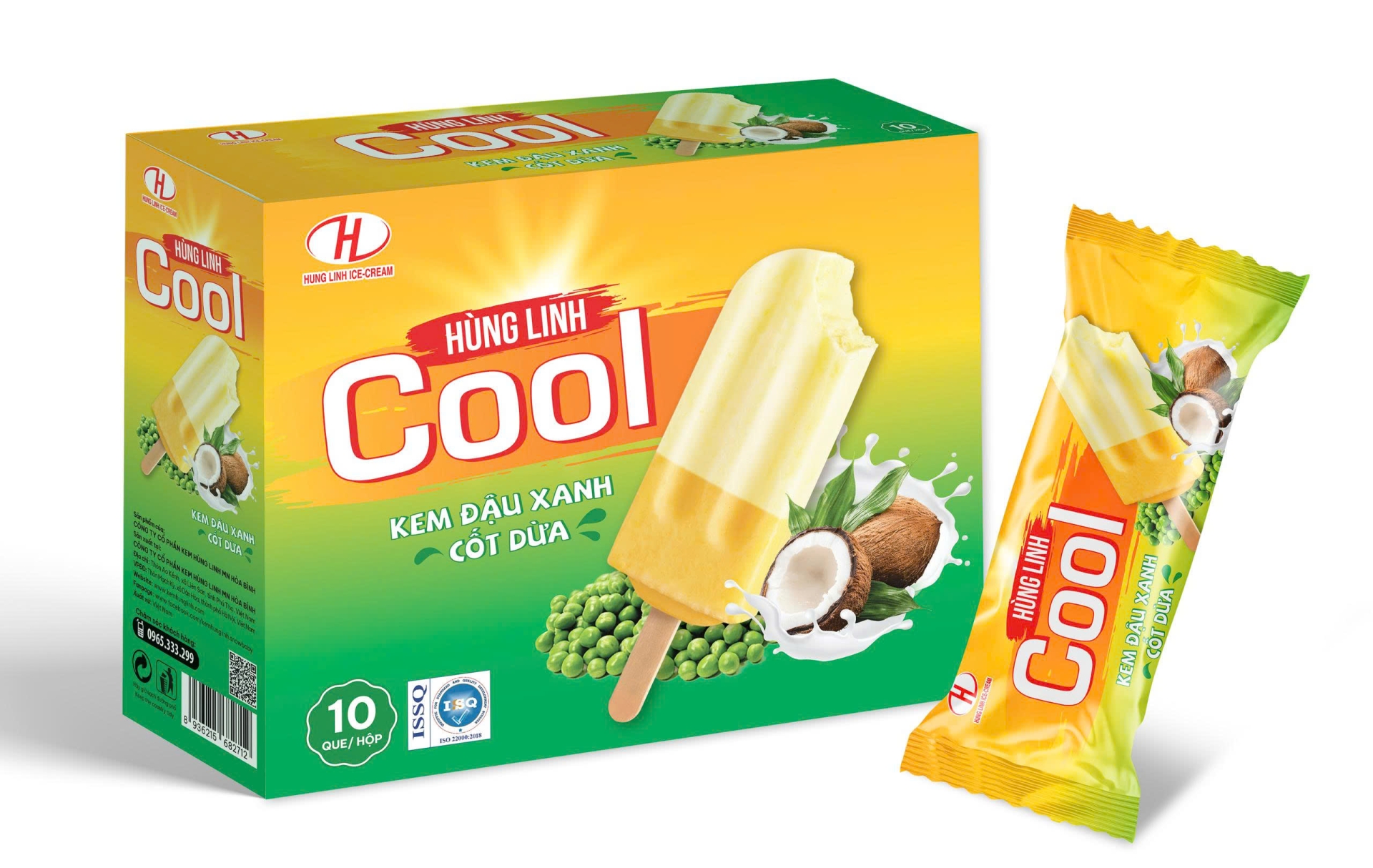 Kem đậu xanh cốt dừa Hùng Linh Cool - 10 chiếc/hộp